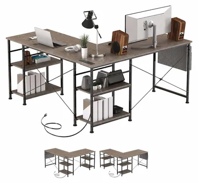 Produktbild von ZELUEXX L-förmiger Schreibtisch mit Rollen, Ablagefach, 3 Steckdosen, 2 USB-Anschlüssen und wasserabweisender Tischplatte, Grau