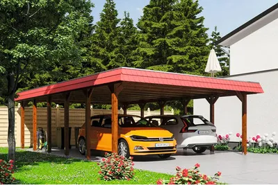 Produktbild von Doppelcarport SKAN HOLZ Spreewald rote Blende inkl. Pfostenanker, EPDM Folie 585 x 893 cm nussbaum