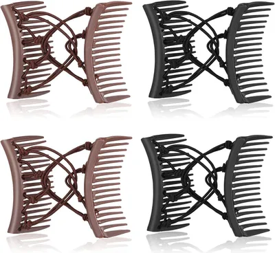 Produktbild von 4 Stück dehnbare Haarspange mit Doppelkamm, verstellbarer elastischer Haarkamm, keine Falten, Haarnadeln, Haar-Accessoires für Frauen, lockiges, dickes, gewelltes Haar, Pferdeschwanz (Schwarz, Kaffee)