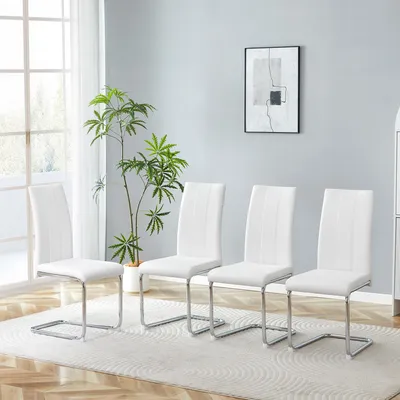 Produktbild von Weiße Esszimmerstühle 4er Set elegante Polsterstühle mit hoher Rückenlehne moderne Küchenstühle aus Kunstleder stabiles verchromtes Eisenrohrgestell