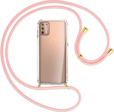 Produktbild von Handykette Backcover-Schutzhülle mit Band (Metall goldfarben) für Motorola Moto G9 Plus - weinrot/gelb/grau