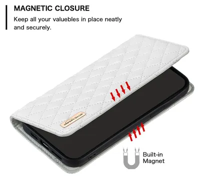 A white quilted phone case is shown open, revealing a black phone inside. Red arrows indicate magnetic closure and a built-in magnet.