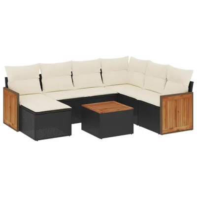 Produktbild von Modulares Garten-Sofa-Set, 8-teilig, mit Stauraum, Poly Rattan Schwarz, Akazienholz-Tisch, Cremeweiße Kissen, UV-beständig