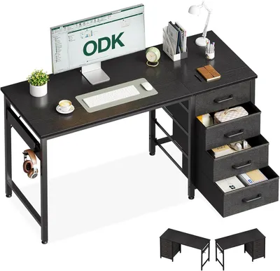 Imagen del producto de Escritorio con 4 cajones, de 120 x 48 x 75,7 cm, de madera, con soporte para auriculares, ideal para el teletrabajo