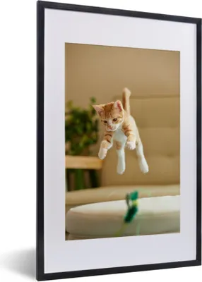 Produktbild von MuchoWow® MuchoWow® Gerahmtes Poster Katze - Springen - Spielzeug 40x60 cm - Poster mit zchwarzem Bilderrahmen - Poster in Rahmen