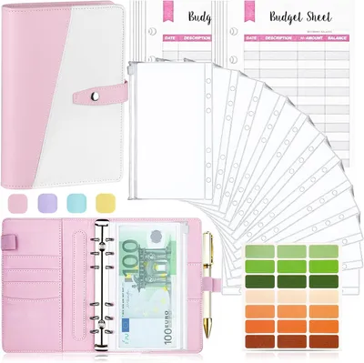 Imagen del producto de Planificador de presupuesto tipo cuaderno, tamaño A6, con cubierta de cuero sintético (PU), 12 fundas, 6 anillas, organizador de presupuesto, ideal para finanzas