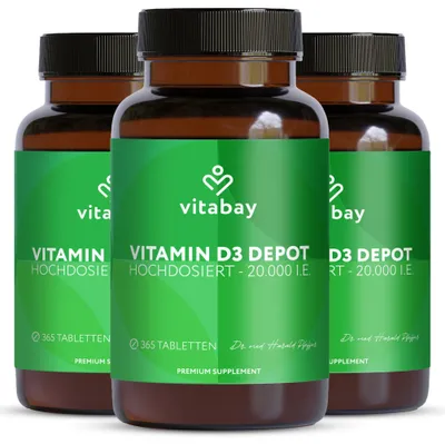 Produktbild von Vitabay Vitamin D3 Depot 20.000 I.E. – 1095 vegane Tabletten – hochdosiert & vegan – ohne Zusatzstoffe – labor – Vorrat für sehr lange Zeit