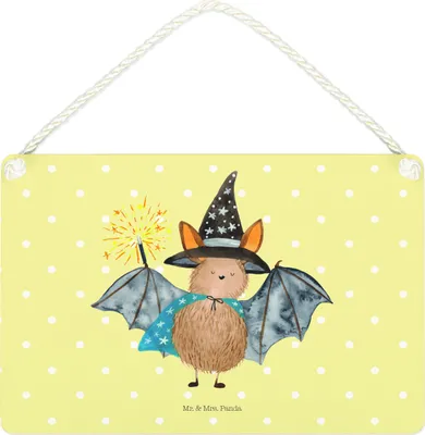 Produktbild von Mr. & Mrs. Panda Schild Fledermaus Zauberer DIN A4 - Gelb Pastell - Geschenk, holzbild, Türschild, wandtafel, Holzschild, Frauen, Magier, Reinsteigern, Deko Wandbild
