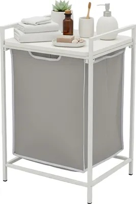 Image de Panier à linge Relaxdays avec tablette, extensible, dimensions extérieures : 72 x 50 x 33 cm, panier à linge portable, sac intérieur de 65 litres, blanc/gris