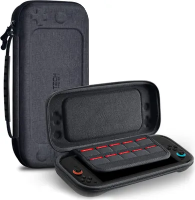 A dark gray protective case for a Nintendo Switch is shown open, with the console inside. The case has a textured exterior and a soft interior lining. A separate, closed case is positioned behind it.
