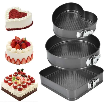 Immagine prodotto di Set da 3 stampi per torte a cerniera, antiaderenti, a forma quadrata, rotonda e a cuore, di dimensioni 20/22/24 cm