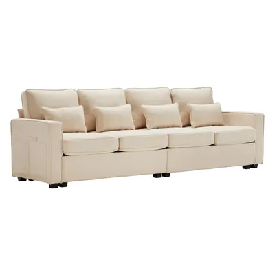 Produktbild von 4-Sitzer-Sofa in Beige mit Armlehnentaschen, 4 Kissen und Leinenoptik