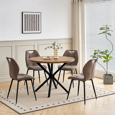 Immagine prodotto di Set da pranzo con tavolo rotondo da 100 cm e 4 sedie imbottite, stile nordico, colore marrone scuro