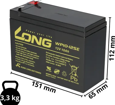 Obrázok produktu pre Nabíjateľná batéria Kung Long 12V 10Ah Pb batéria s oloveným gélom WP10-12SE odolná voči cyklom