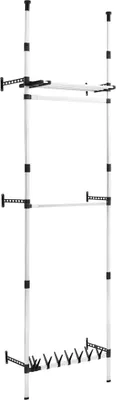 A white and black telescopic wardrobe with shelves and hanging rods, presented against a white background.