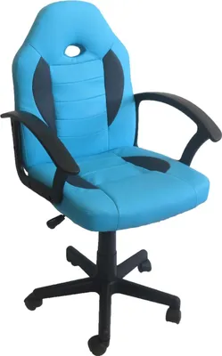 A blue and black gaming chair is shown from a three-quarter front view against a white background.