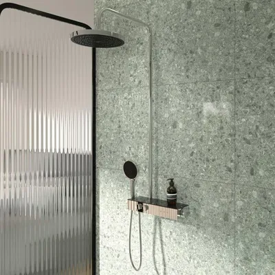 Produktbild von Ideal Standard Solos Duschsystem mit Aufputz-Brausethermostat Ceratherm Navigo® mit Ablage, 3-Funktions-Hand- & Kopfbrause