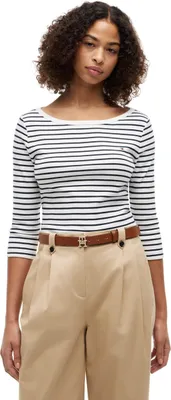 Image de T-shirt manches longues pour femmes Tommy Hilfiger, modèle Cody, col bateau, couleur noire (motif Breton)