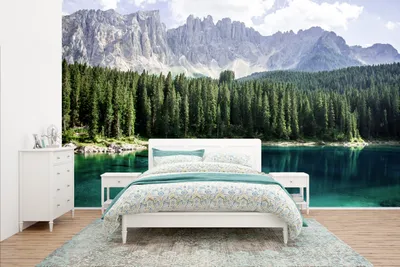 Produktbild von MuchoWow® Fototapete für Wohnzimmer oder Schlafzimmer Wandtapete Vinyl Motivtapete Berge - Bäume - Wasser - 400x240 cm - Gemustert