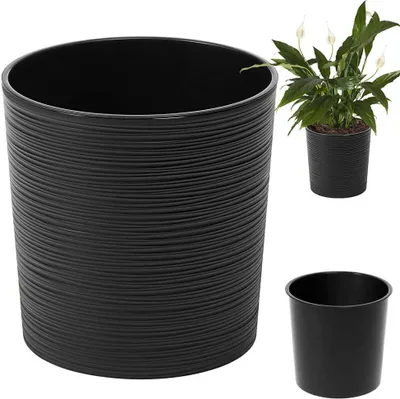 A large black planter pot is shown in the foreground, with a smaller black planter pot and a potted plant in the background.
