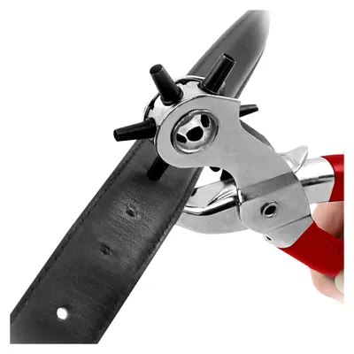 Produktbild von Drehlochzange schwarz/rot mit 6 Stanzer, ergonomische Griffe für Gürtel, Leder, Kunststoff