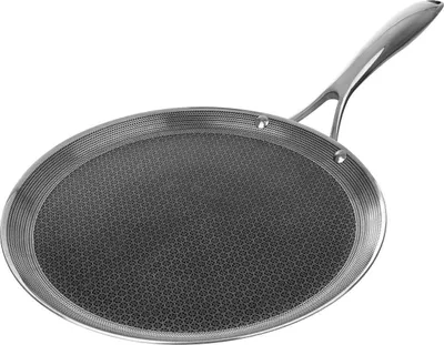 A close-up, studio shot of a round, flat frying pan with a textured surface and a long handle, set against a white background.