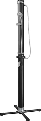 A black outdoor solar shower with a silver shower head and controls, standing on a cross-shaped base.