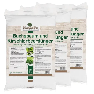 Produktbild von HaGaFe Buchsbaumdünger, 3 x 10 kg, Kirschloorbeerdünger, Spezialdünger für Immergrüne mit viel Magnesium und Langzeitwirkung