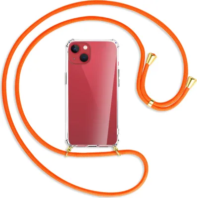 Produktbild von Handykette Backcover-Schutzhülle mit Band (Metall goldfarben) für Apple iPhone 13 mini - neonorange