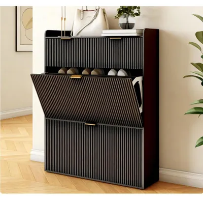 Obrázok produktu pre Skriňa na topánky s 2 dvierkami a 2 zásuvkami, úzka, moderný dizajn, čierna, 80x24x110 cm
