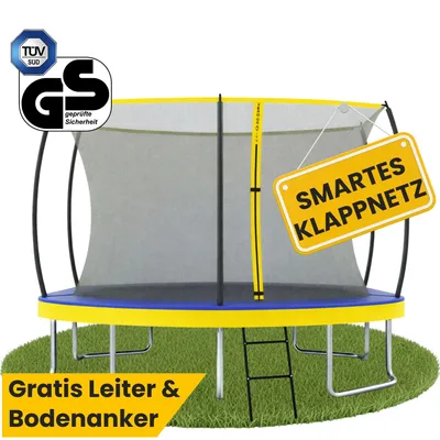 Produktbild von Zero Gravity Trampolin 366x244 cm inkl. Leiter & 4 Bodenanker / Schneller Auf- und Abbau dank smartem Klappnetz / Max. 100 kg / Ultima 5 Fun-Edition