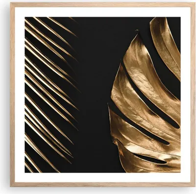 Produktbild von Gerahmtes Poster - Rahmen in heller Eiche - Golden Blatt Monstera - 60x60 cm - Wand Bild - Wanddeko - Wandbilder - Kunstposter - Wandposter - Bilderrahmen - Bilder - Kunstdruck - P2NAC60x60-5028