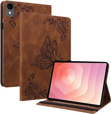 Image de Étui en similicuir à motif papillon pour Samsung Galaxy Tab S11, couleur marron