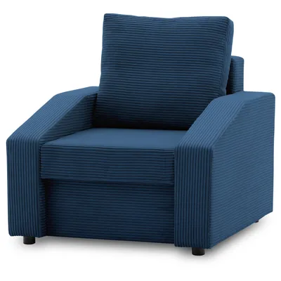 A single dark blue armchair is shown against a white background.