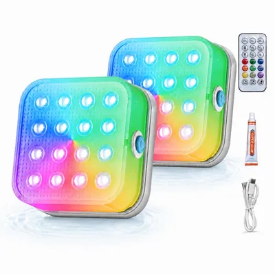 Produktbild von 2er set RGB Poolleuchte mit 16 Farben, 3600mAh Akku, 5 Helligkeitsstufen,Timer, wiederaufladbare Unterwasserleuchte mit Fernbedienung,Teichbeleuchtung