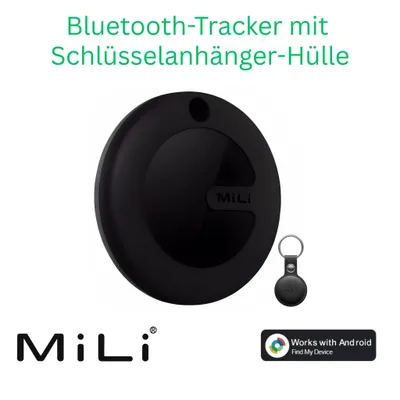 A black Bluetooth tracker with a keychain attachment is shown on a white background, along with text and logos.