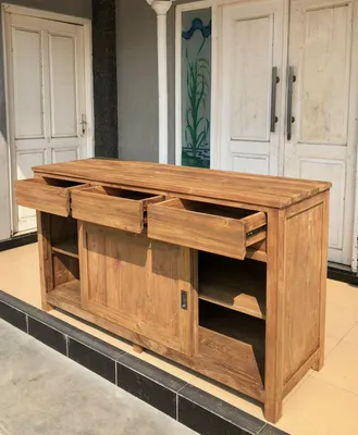 Produktbild von 2-türige Echtholz massiv Teak Teakholz Sideboard Kommode Ronan mit 3 Schubladen