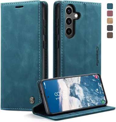 A flip case for a Samsung Galaxy S24 FE phone is displayed, showing its front, side, and open state with the phone inside.