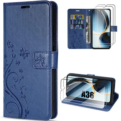 Image de Coque + 2 Verres Trempés pour Samsung Galaxy A36 5G, Protection Flip Case Cuir Synthétique Bleu Marine Motif Papillon