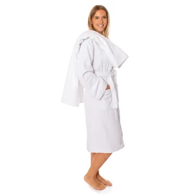 Produktbild von Weiß Set XXL + Saunatuch: Lavea Mexico Set Weiß - Saunatuch 80x200 + Bademantel Damen/Herren XXL, Frottee Baumwolle, Kapuze & Gürtel