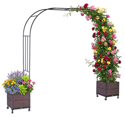 Obrázek produktu pro Relaxdays Růžový oblouk se 2 květinovými truhlíky, VxŠxH: 210 x 282 x 40 cm, kov, polyrotang, zahradní oblouk, černá/hnědá