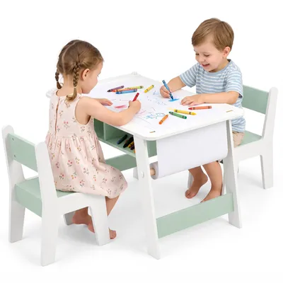 Produktbild von Alight Kindertisch und Stuhlset mit Papierrollenhalter, Kinder Maltisch, Kindertisch mit 2 Stühlen, 80*48*50.5cm, Weiß&Hellgrün