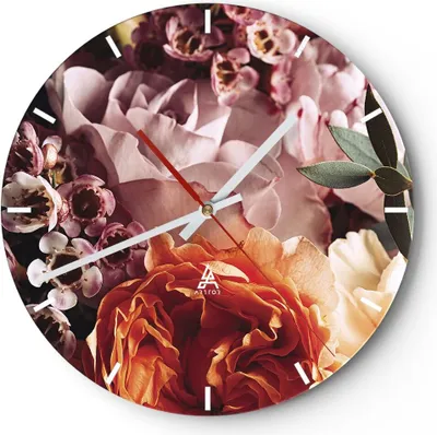 Produktbild von Wanduhr - Rund - Glasuhr - Blumen Getreide Rosen - 40x40cm - Schleichendes Uhrwerk - Lautlos - zum Aufhängen bereit - Dekoration Modern - Wanddekoration aus Glas - C3AR40x40-4692