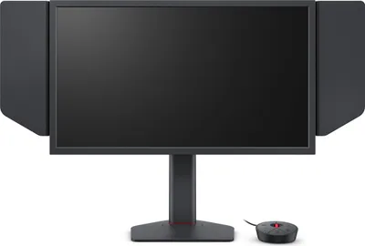 A computer monitor with side shields and a control puck is shown against a white background.