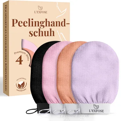 Productafbeelding van L'Exfose: 4 peelinghandschoenen voor het lichaam, Kessa-handschoen, paardenhaarhandschoen, peelinghandschoen