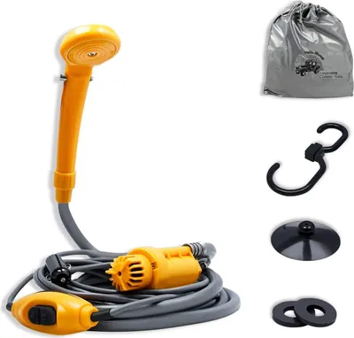 A portable camping shower kit, including the shower head, pump, hose, and accessories, laid out on a white background.