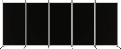 A black, five-panel room divider or screen is shown against a white background.