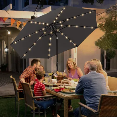 Produktbild von Sekey Sonnenschirm 330cm Alu Gartenschirm 8-eckiger Marktschirm mit Kurbel, mit LED-Solar-Beleuchtung, Grau
