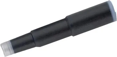 A black ink cartridge with a clear tip is shown against a white background.