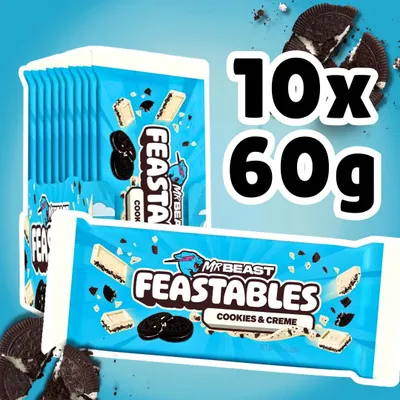 Produktbild von Mr Beast Feastables Cookies & Cream Schokolade – 10 Riegel – 10×60 g